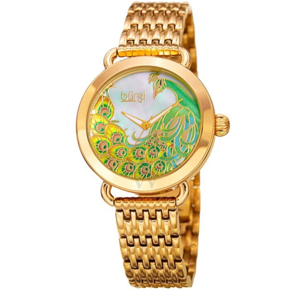 Burgi Women's Quartz Peacock Mother-of-Pearl Dial Stainless Steel Bracelet Watch